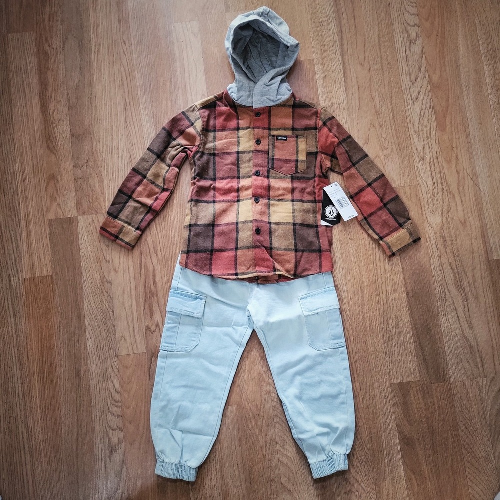 Volcom Boys 2 Piece Set Burnt Orange‎ Plaid Flannel Hoodie Cargo Jogger Pants 4T
